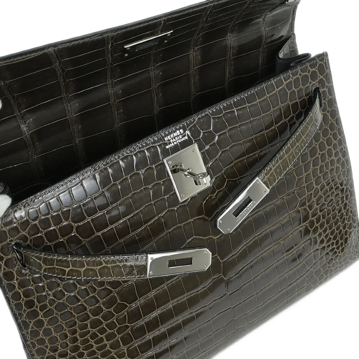 Hermes * Gris Fonce Porosus Kelly 35 Sellier 2way Shoulder Handbag - Image 8