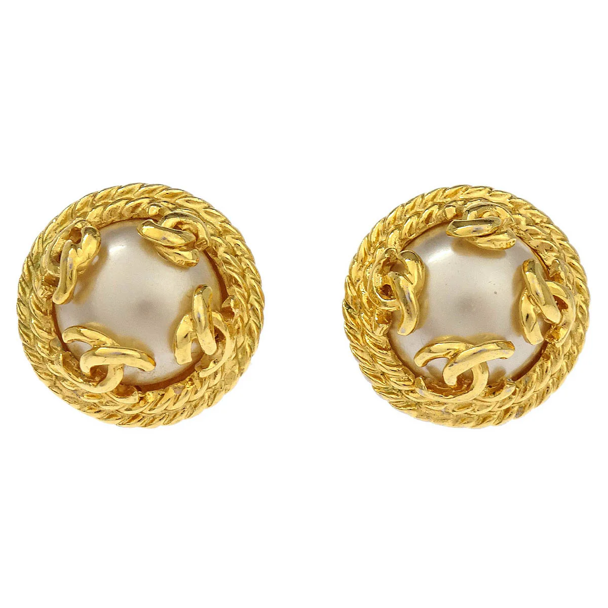 Chanel Earrings Clip-On Button Costume Pearl Gold 95A