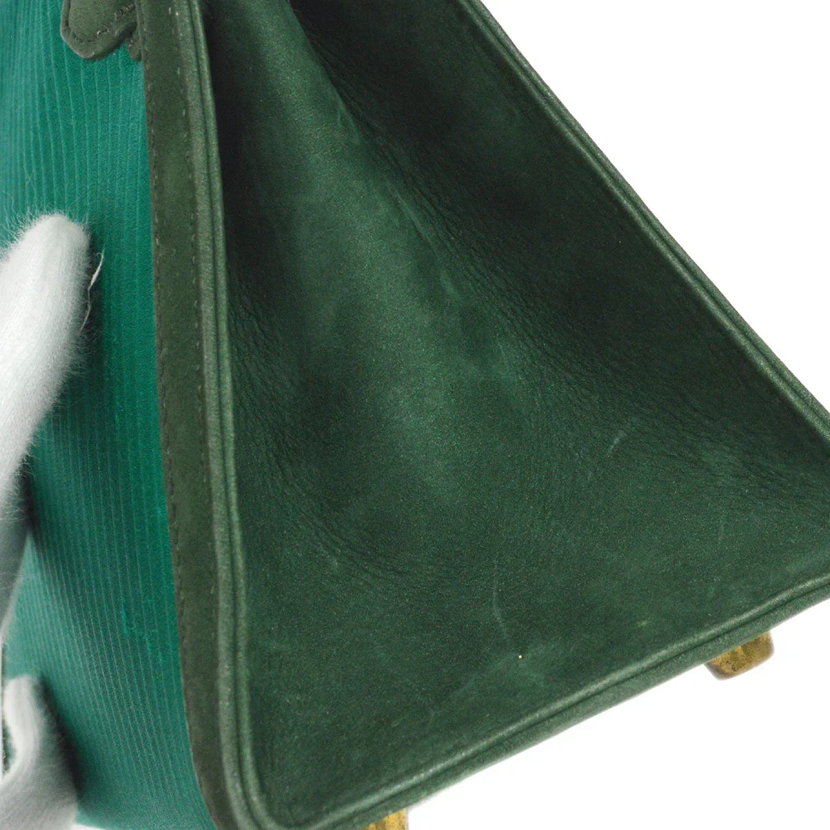 HERMES * 1990 Mini Kelly 20 SELLIER Green Pleated Satin - Image 3