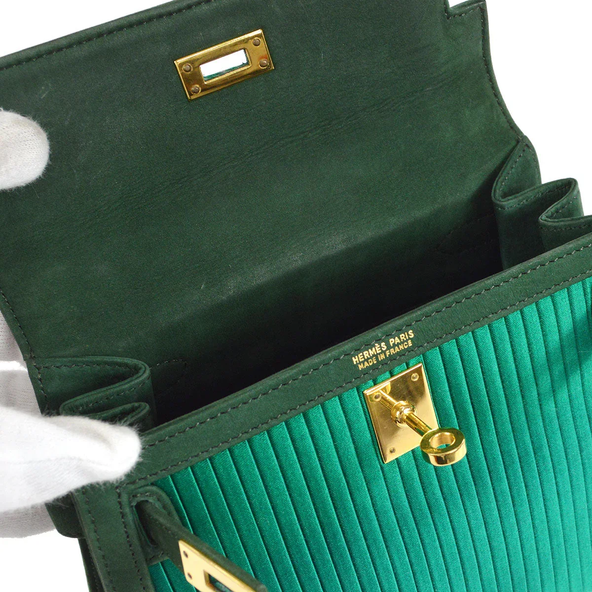 HERMES * 1990 Mini Kelly 20 SELLIER Green Pleated Satin - Image 8