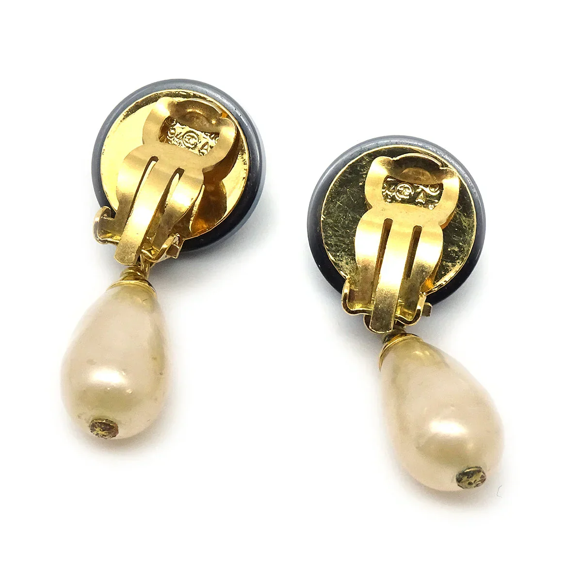 Chanel 1994 CC Black & Faux Teardrop Pearl Dangle Earrings - Image 2