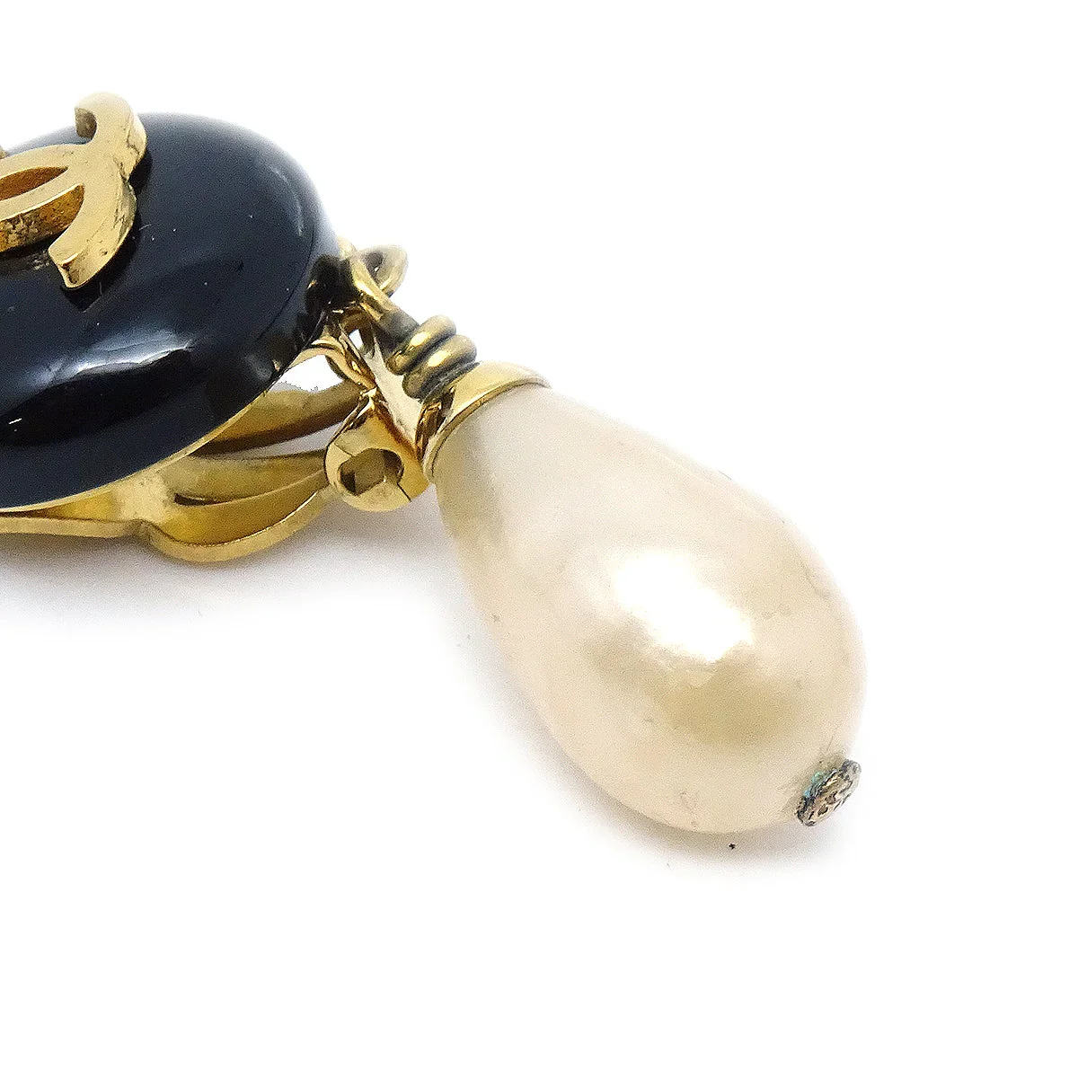 Chanel 1994 CC Black & Faux Teardrop Pearl Dangle Earrings - Image 3