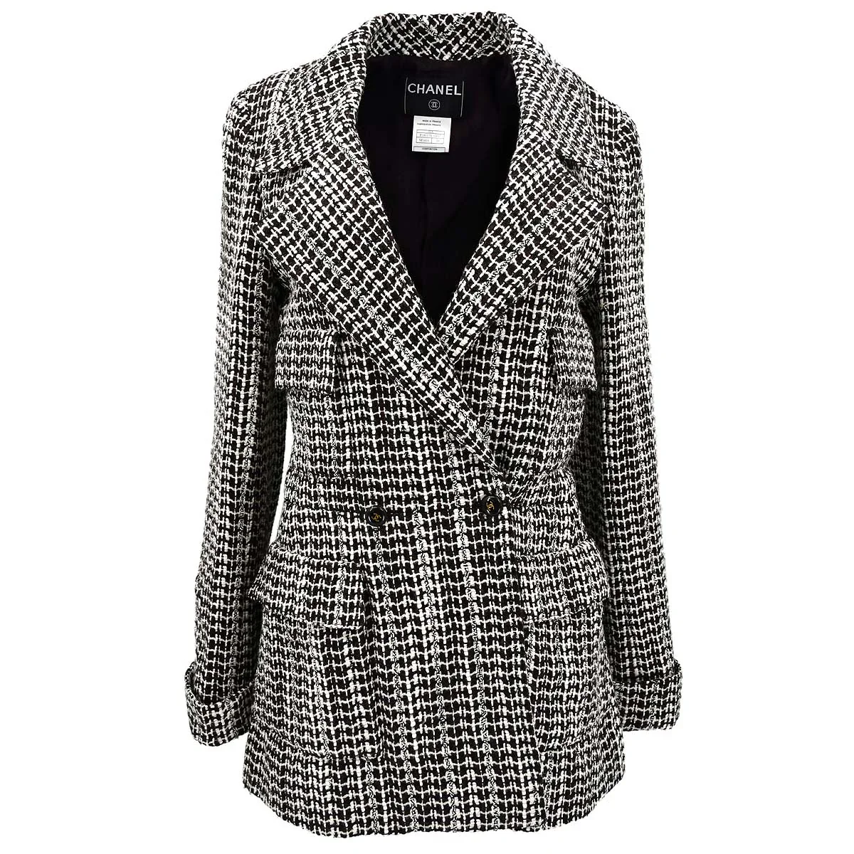 Chanel Double Breasted Jacket Brown Tweed 01A #38