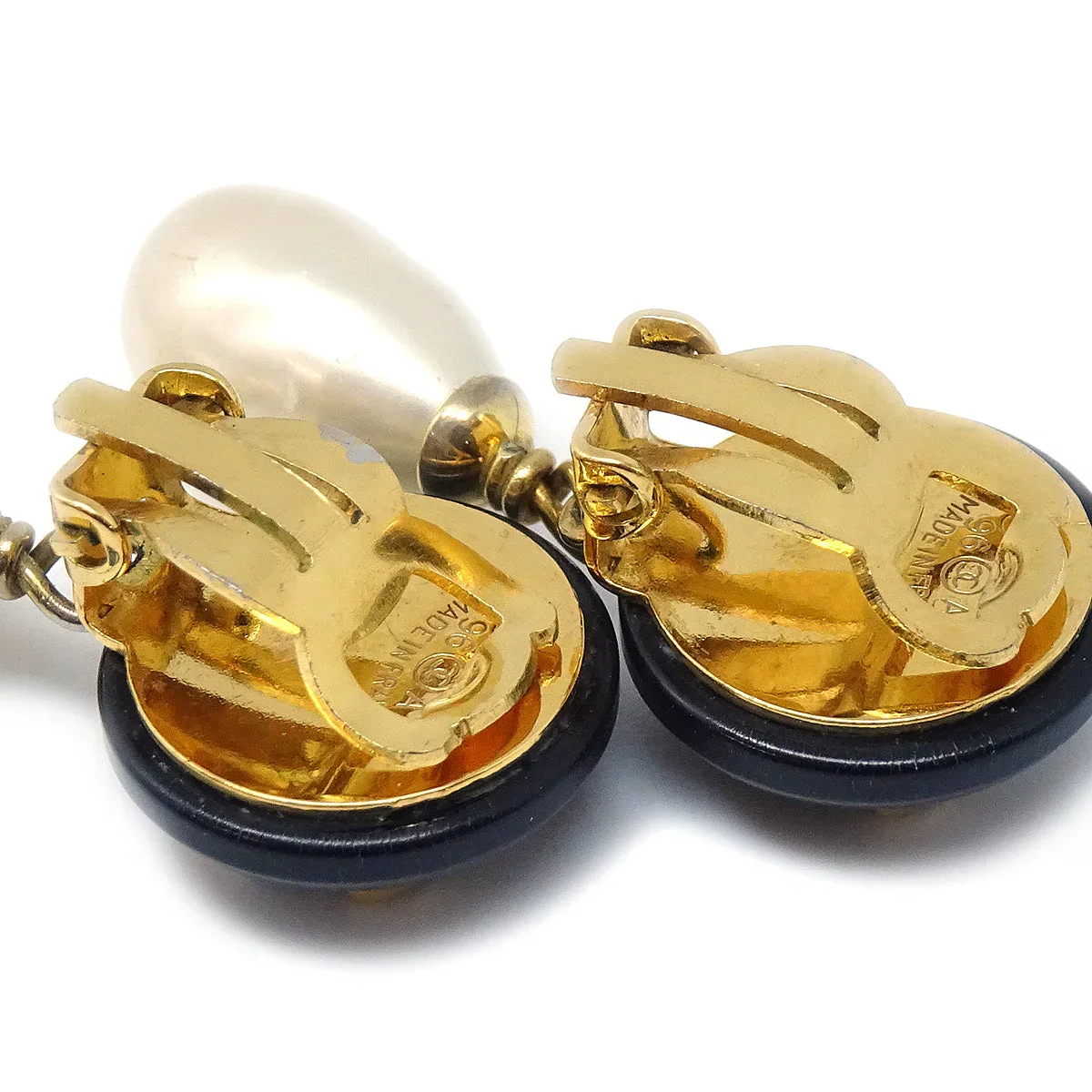 Chanel 1996 CC Black & Faux Teardrop Pearl Dangle Earrings - Image 2