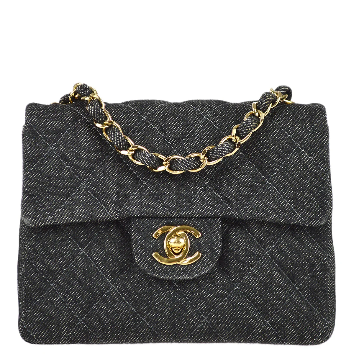 Chanel 1997-1999 Black Denim Mini Classic Square Flap Shoulder Bag 17