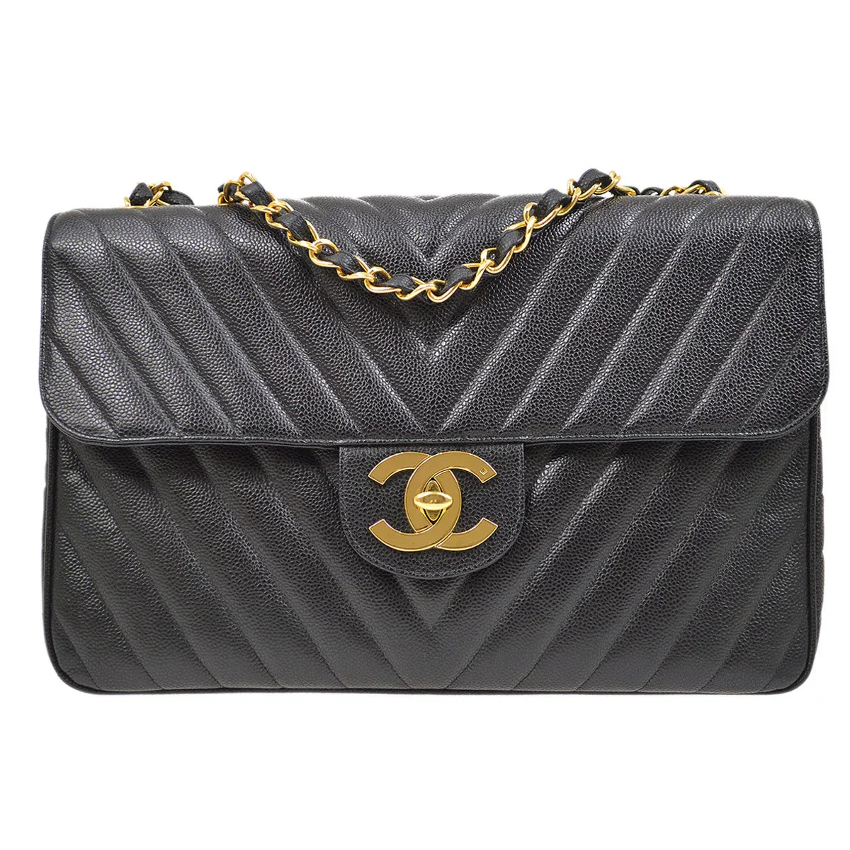 CHANEL 1991-1994 Black Caviar Chevron Classic Flap Bag Maxi