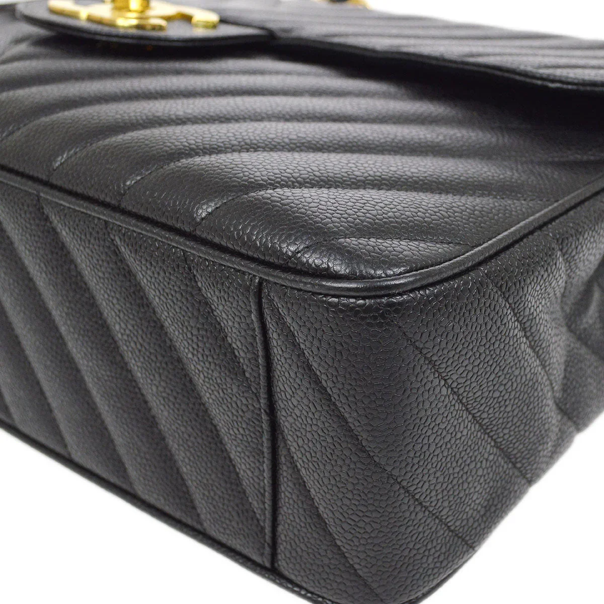 CHANEL 1991-1994 Black Caviar Chevron Classic Flap Bag Maxi - Image 4