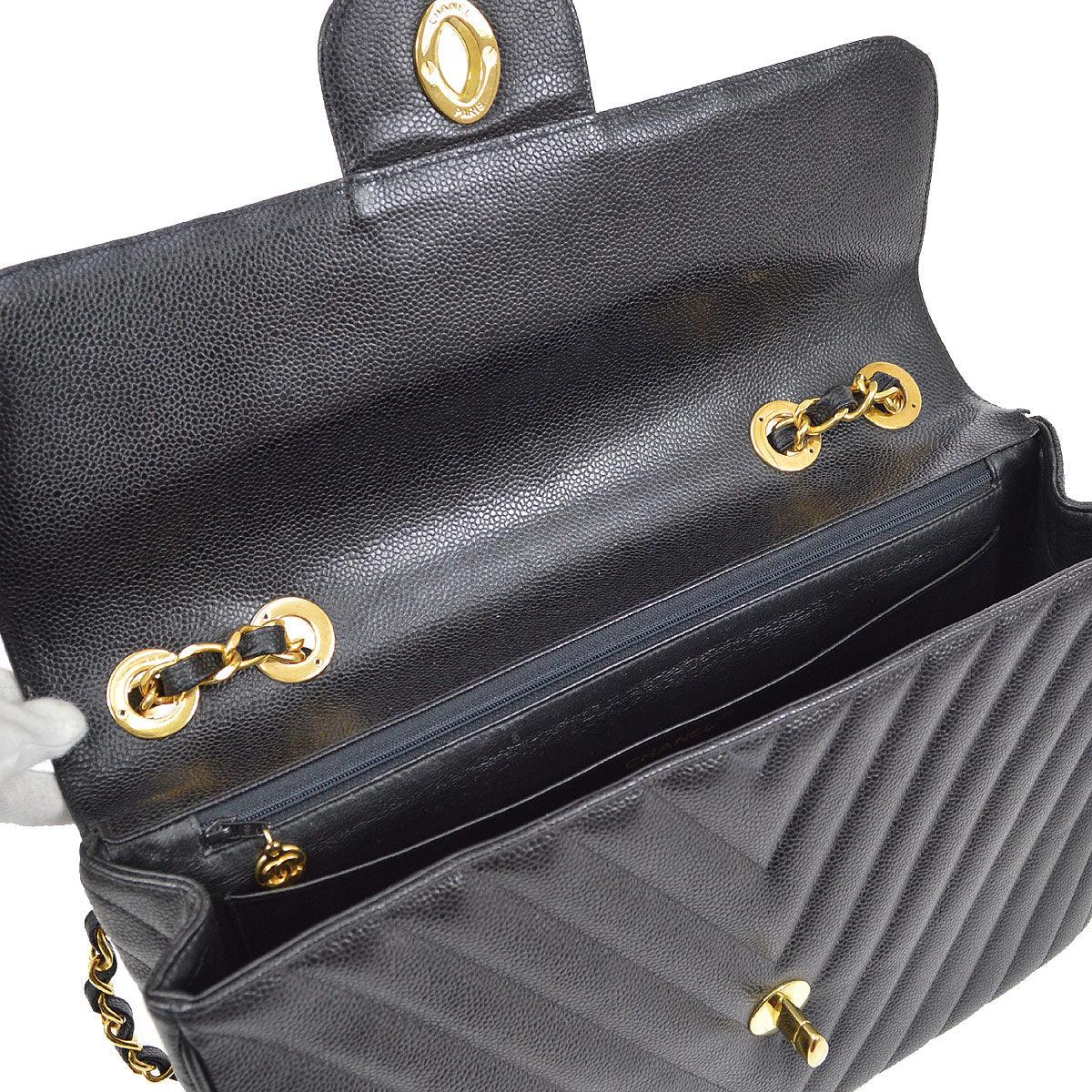 CHANEL 1991-1994 Black Caviar Chevron Classic Flap Bag Maxi - Image 8