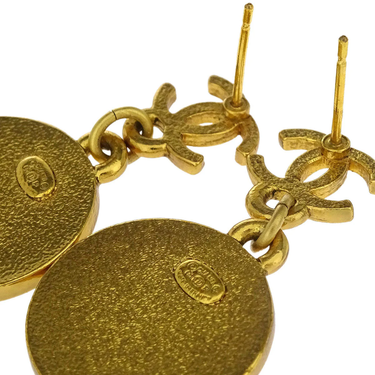 Chanel Dangle Piercing Earrings Gold Button 01P - Image 3