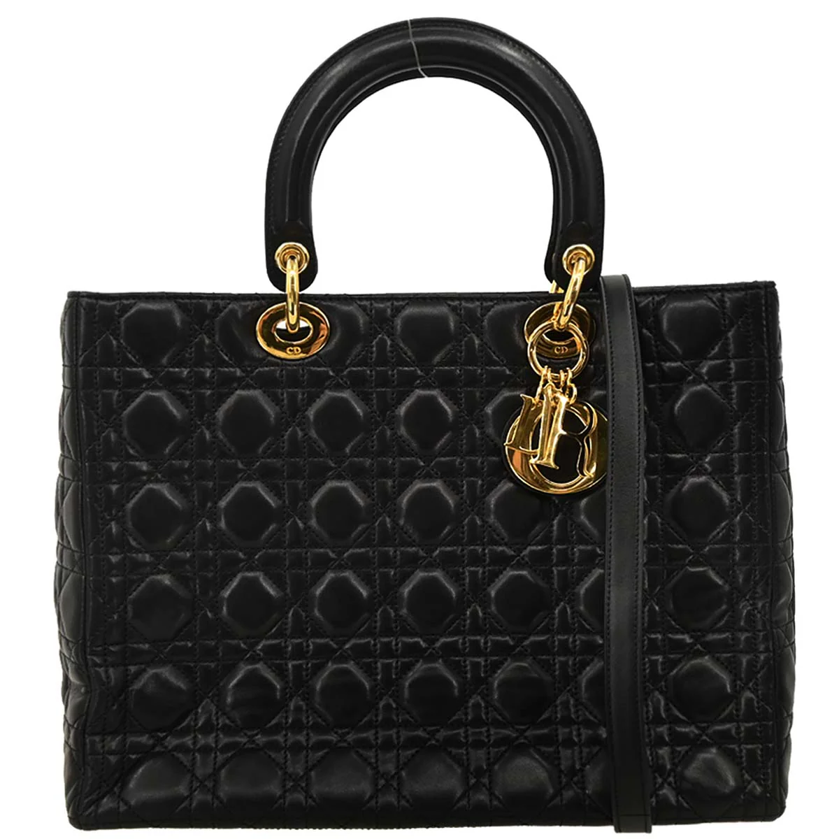 Christian Dior Black Lambskin Large Lady Dior Cannage 2way Shoulder Handbag