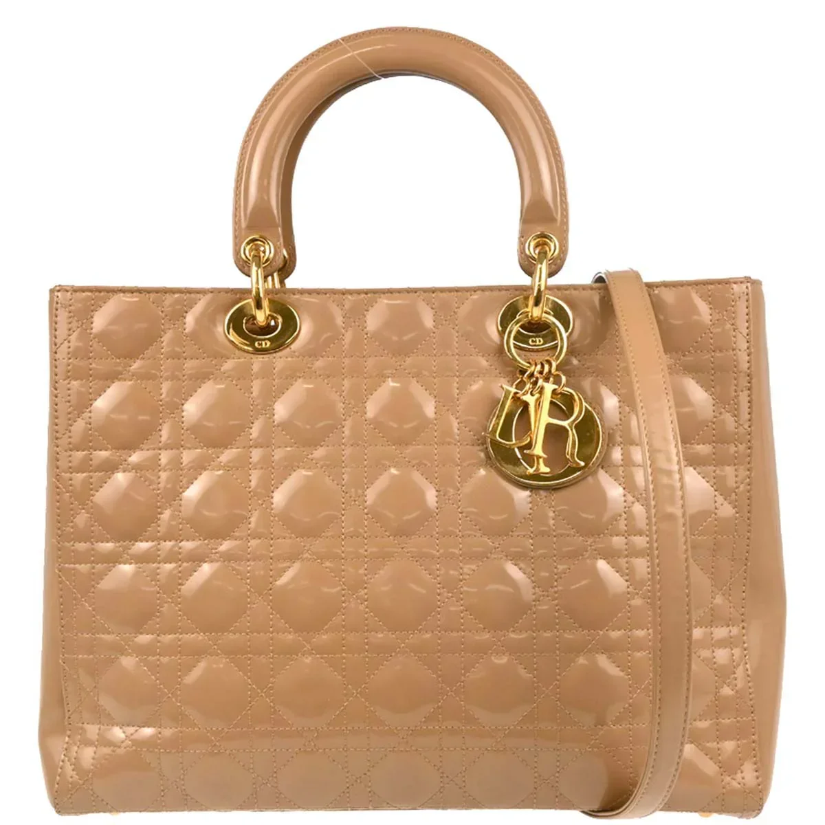 Christian Dior Beige Patent Leather Large Lady Dior Cannage 2way Shoulder Handbag - Image 11