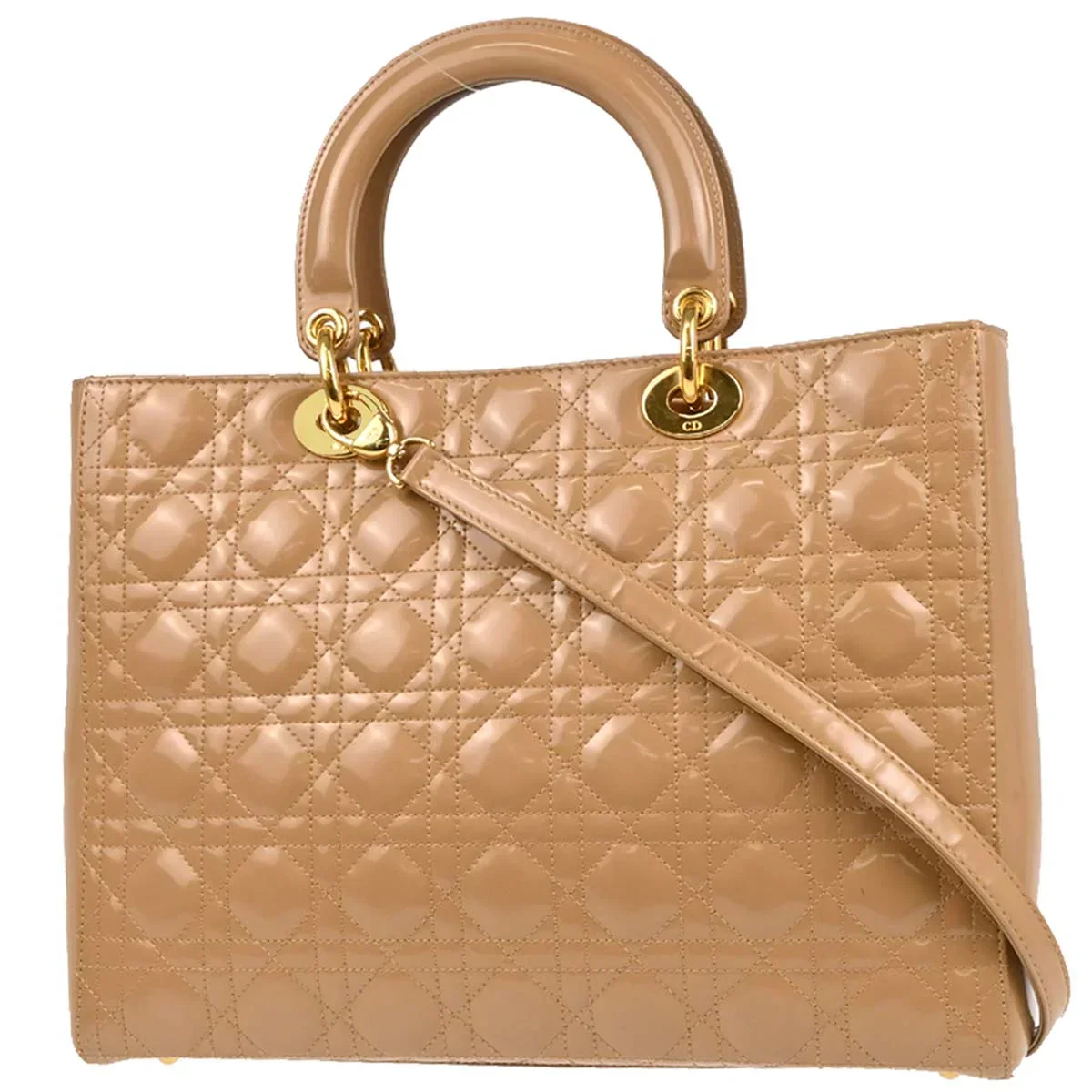 Christian Dior Beige Patent Leather Large Lady Dior Cannage 2way Shoulder Handbag - Image 12