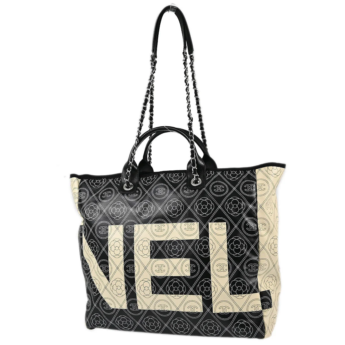 Chanel 2018 Black Printed Coated Canvas Camellia Shopping 2way Shoulder Tote Handbag - Image 2