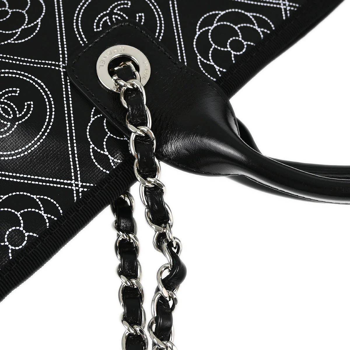 Chanel 2018 Black Printed Coated Canvas Camellia Shopping 2way Shoulder Tote Handbag - Image 6