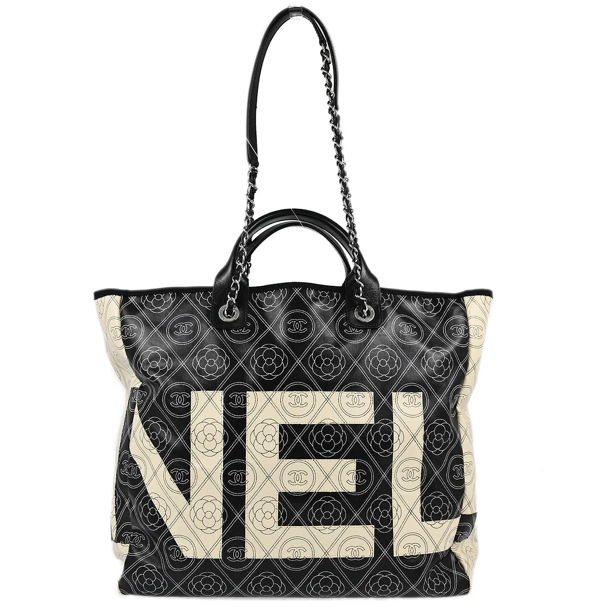 Chanel 2018 Black Printed Coated Canvas Camellia Shopping 2way Shoulder Tote Handbag