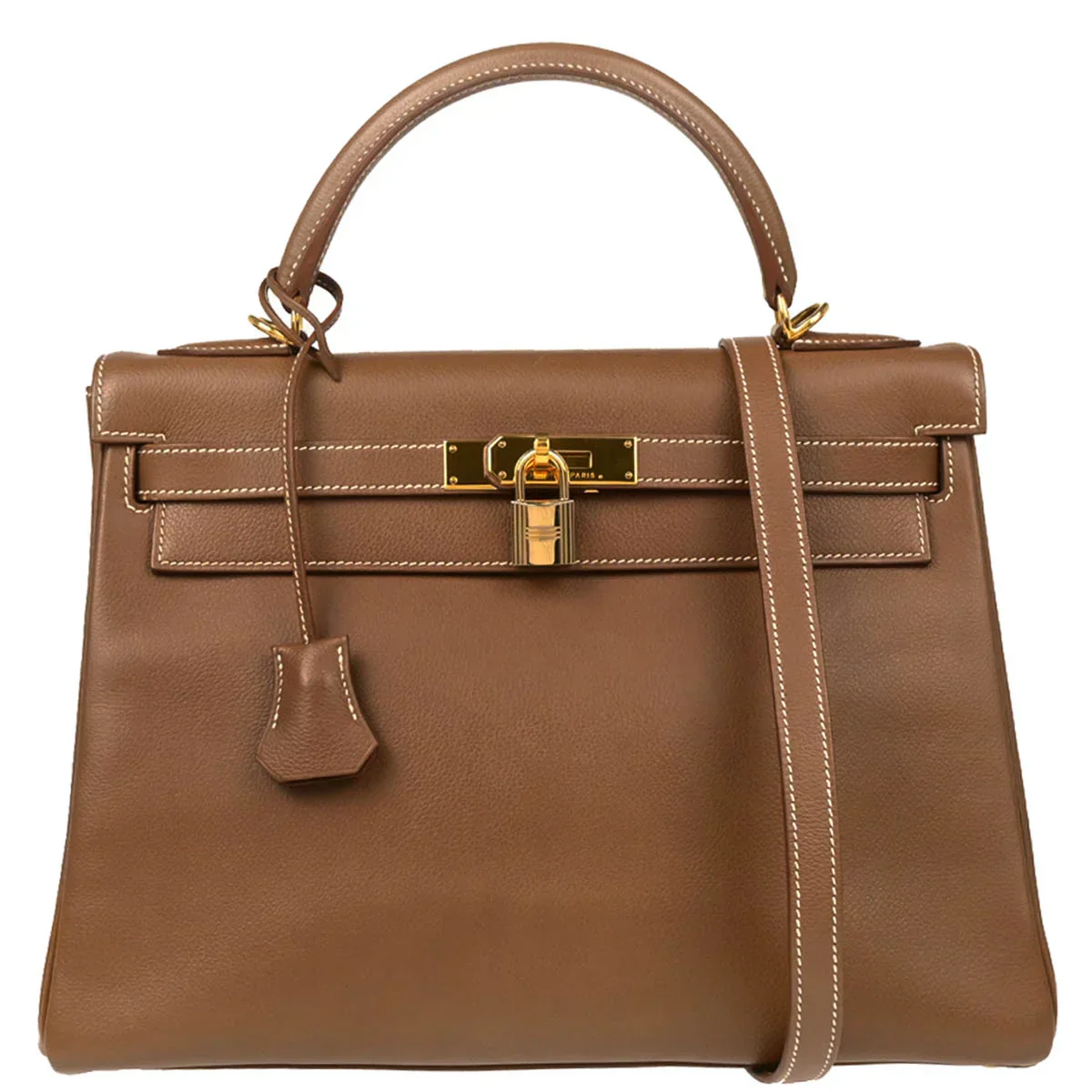 Hermes 2004 Gold Veau Graine Kelly 32 Retourne 2way Shoulder Handbag